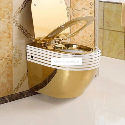 Noble Golden Wall Mounted Flush Toilet Luxury Titanium Gold Painted Bathroom Washroom Ceramic Closestool Without Water Tank
