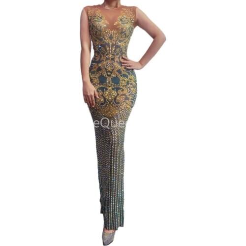 Flashing Rhinestones Gold Pattern Transparent Dress Bar Birthday Celebrate Dress Evening Women Dancer Long Nightclub Dress