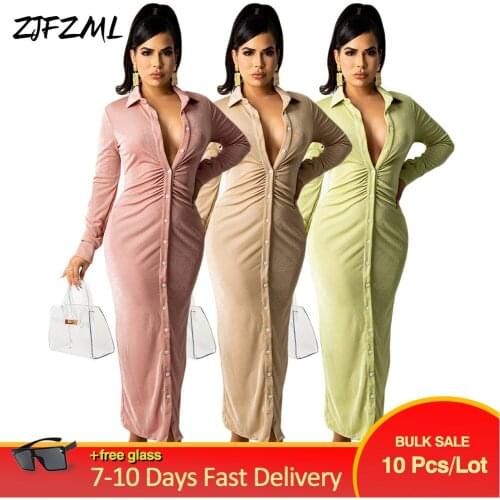 Bulk Items Wholesale Lots Women Autumn Solid Maxi Blouse Dress Long Sleeve Shirring Ruched Single Breasted Shirt Dresses Y2K