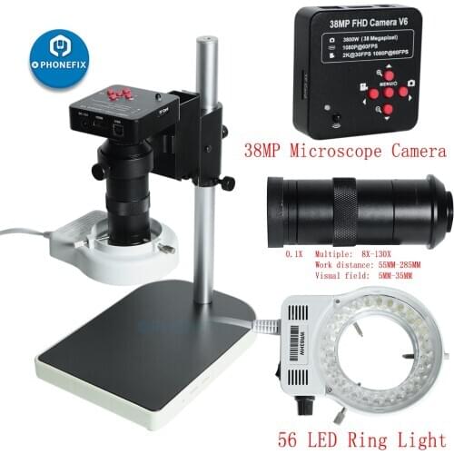 38MP 1080P 60FPS 2K HDMI USB Industrial Video Microscope Camera130X/ 250X C Mount Lens 56 LED Light For Lab PCB Soldering Repair