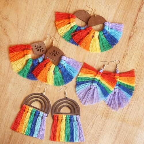 Wooden Wood Rainbow Tassel Hand-woven Earrings Color Personality Big