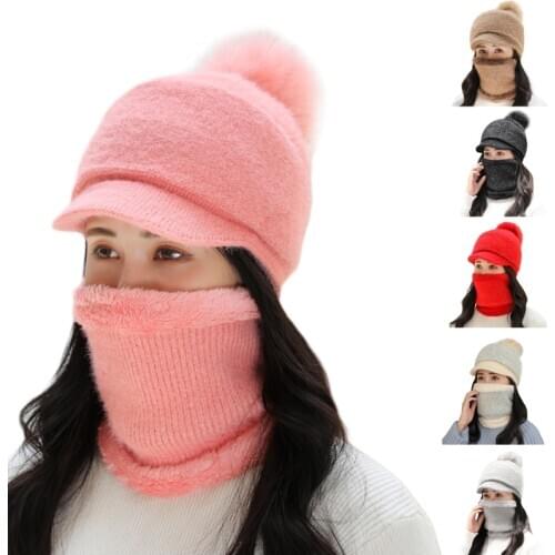 Women Winter 2Pcs Set Pompom Visor Beanie Hat with Scarf Knitted Plush Lined Skullies Baseball Cap Windproof Neck Warmer