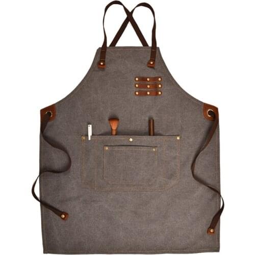 T21D Denim Work Apron Multifunction Tool Aprons with 5 Pockets for Men Barber Chefs Waiter Back Cross Workshop Aprons