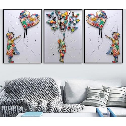 Graffiti Art Canvas Paintings Butterfly Balloon Girl Colourful Posters and Prints Wall Art Pictures for Living Room Decoration