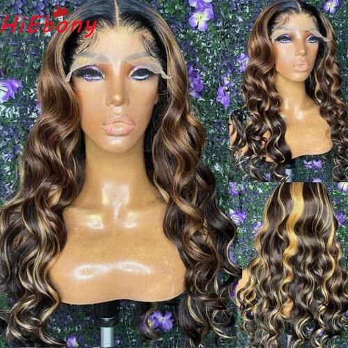 HiEbony Remy Human Hair Lace Front Wigs Preplucked 180% Full density Glueless T type 13x6 Lace Front Wigs Highlight Lace Wigs