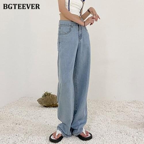 BGTEEVER Summer Button High Waist Loose Female Wide Leg Jeans Pants Casual Chic Loose Women Floor-Length Denim Trousers 2021