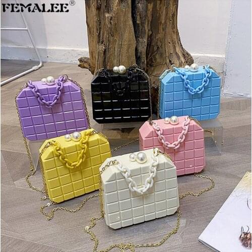 Fashion Acrylic Chain Women Handbags Trendy PVC Lattice Solid Shoulder Crossbody Bolsas 2021 Summer Quilted Box Purses Hand Bags