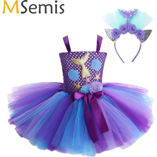 MSemis Kids Girls Mermaid Costume Mermaid Tail Hair Hoop Flower Girl Fairy Dresses for Halloween Carnival Anime Cosplay Party