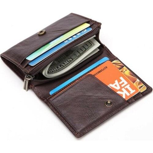 Mens Mini Leather Zipper Purs Wallet Slim Small Id Credit Card Holder Coin Oil Wax Leather Short Clutch