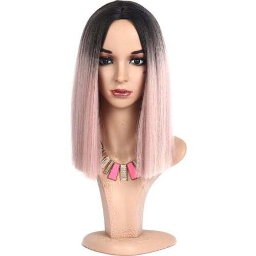 Natifah Pink Color Short Straight Bob Wigs Synthetic Blonde Wigs Wholesale For Women Middle Part Nature Black Daily Cosplay Hair