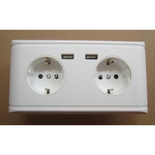 Free Shipping Germany socket type 250V 16A 2 USB DC 5V 2000mA four circle Holes wall Socket white panel Germany style