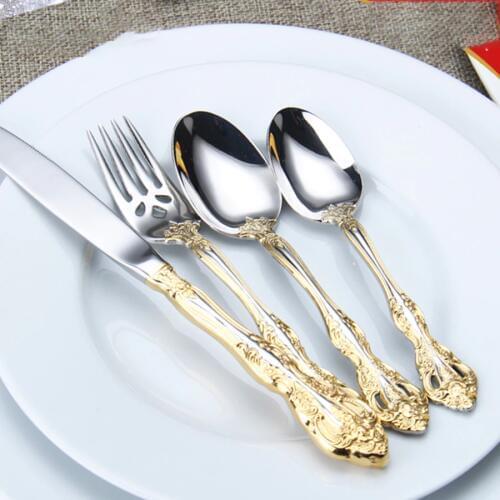 Stainless Steel Flatware Western Tableware Retro gold luxury Pattern Cutlery Set Spoons Knifes Forks Set Kitchen Home 50F025