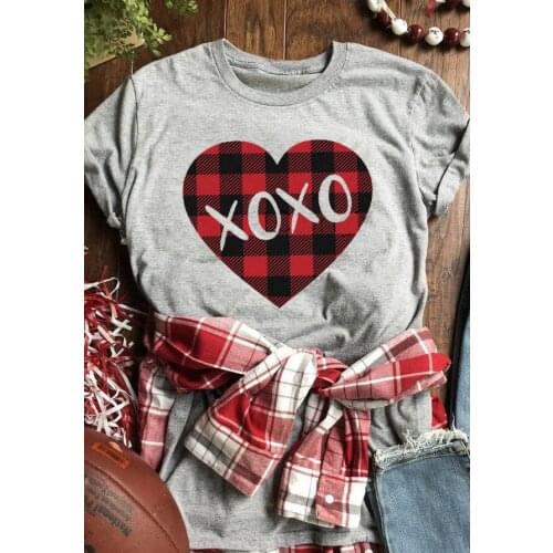 Valentine Plaid Splicing Xoxo Heart T-Shirt Love Shirts Funny Valentines Shirt women fashion casual 100%cotton Tee aesthetic top