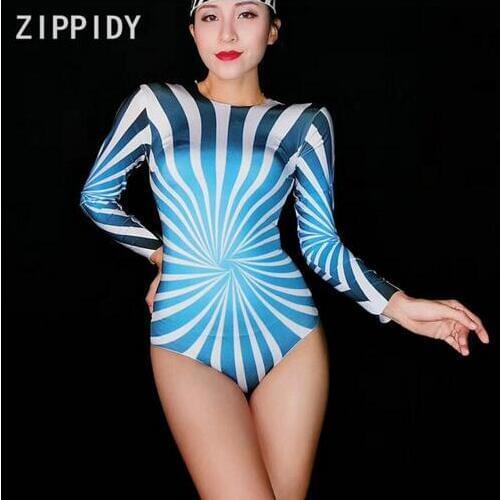 Women Singer Dancer Show Clothes Blue White Long Sleeves Stretch Bodysuit Womens Prom Party Bodysuit Nightclub Cosplay Outfit