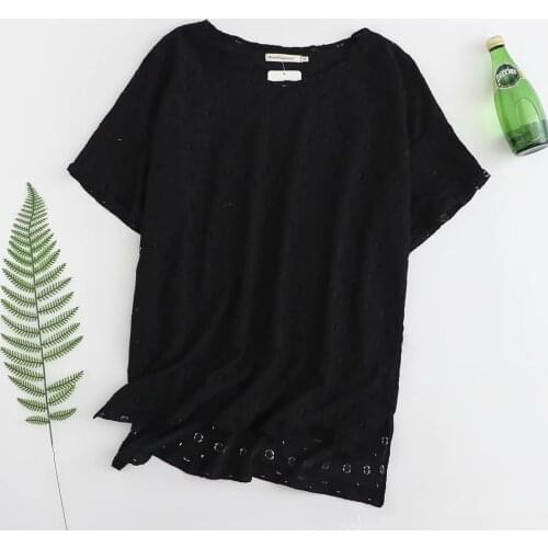Women tunic plus size 2021 Casual white black Summer women tops Short sleeve ruffled collar Hollow out lace Woman T-shirts