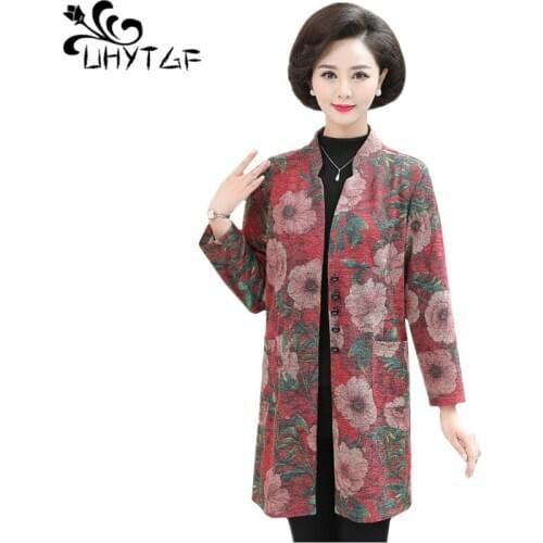 UHYTGF trench coat for women fashion printing casual spring autumn windbreaker women elegant mother thin 5XL plus size coat 1224