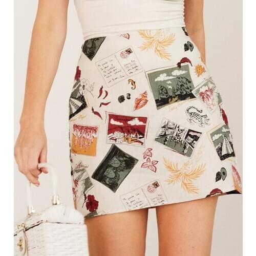 Skirts Womens High Waist Pencil Mini Skirt Summer Woman Skirts 2020 Fashion Vintage Print Linen Skirt Women Clothes Femme Jupes