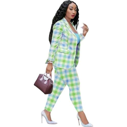 Lady Turn-Down Collar Single-breasted Suit Coats High Waist Pants New Arrivals Women Plaid Print Business Suits OL Streetwear