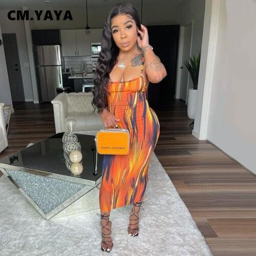 CM.YAYA Women Midi Dress Tie Dye Print Spaghetti Strap Backless Sheath Elastic Mid Calf Dresses Sexy Night Club Party Vestidos