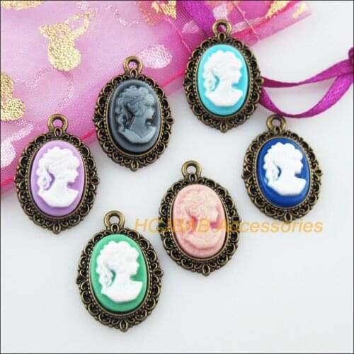 12Pcs Antiqued Bronze Color Oval Beauty Mixed Resin Charms Pendants 16.5x23mm