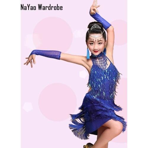 2020 New Sleeveless Sequins Bare Back Kids Girl Latin Dance Dress with Callor Oversleeve Ballroom Samba Tango Dancing Cloth CL05