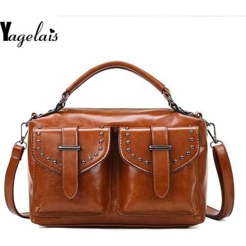 Boston Crossbody Bags for Women 2020 Tote Shouler Bag Luxury Handbags Lady Oil Wax Leather Rivet Hand Bag