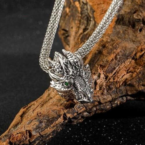 Women Mens Dragon Necklace Vintage Domineering Silver Color Green Eye Dragon Necklace Animal Chain Necklace Punk Party Jewelry