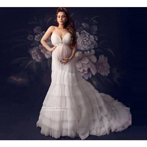 Elegant White Tiered Ruffles Mesh Maternity Dress Photography Sexy V-neck Strapless Bridal Gown To Photo-shoot Baby Shower Dress