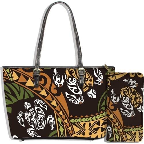 ELVISWORDS Luxury Women Handbags Purses Set Ethnic Polynesian Tribes Printed Fashion Shoulder Bag Lady Leather Totes Bags Wallet