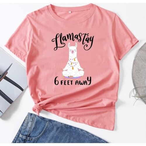 Llama Stay 6 Feet Away Social Distancing Woman T-Shirt Short Sleeve T-Shirts Summer Tops for Women Cotton Graphic Tee Female Top