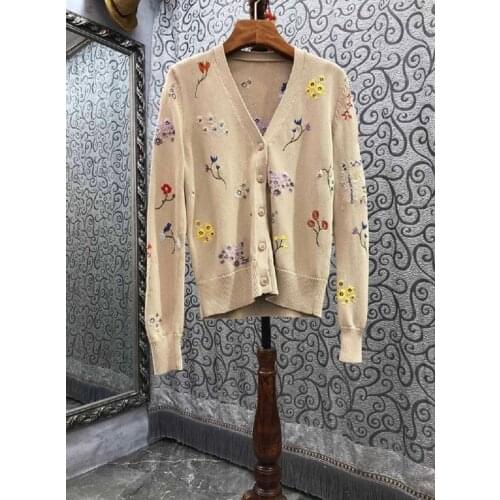 100%Cotton Knitted Cardigans 2021 Autumn Winter Tops Coat Women V-Neck Exquisite Embroidery Floral Patterns Khaki Blue Cardigans