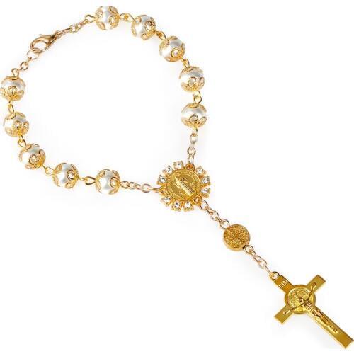 Gold Silver Color Catholic Rosary Bracelet Pocket Auto Rosary Car Rosary INRI Cross Pendant St. Benedict Charms