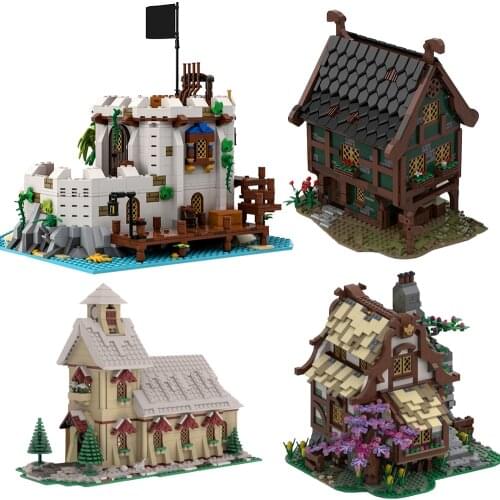 MOC Medieval Architecture Tree House Blacksmith Windmill House Building Blocks Castle Church Model Bricks Children Kid Toys Gfit