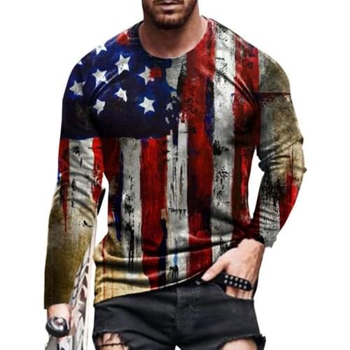 Men T-shirt Fashion Vintage American Flag Print Men T-shirt Slim Long Sleeve Skin-friendly O Neck Slim Pullover Top Male 4XL