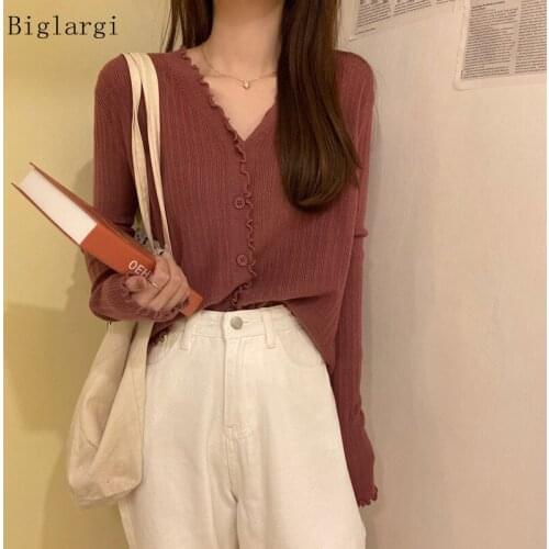 Autumn Cardigan Knitted Sweater Women Korean Casual Ladies Kardigan Ruffle V Neck Sweaters 2021 Long Sleeve Tops Sueter Feminino
