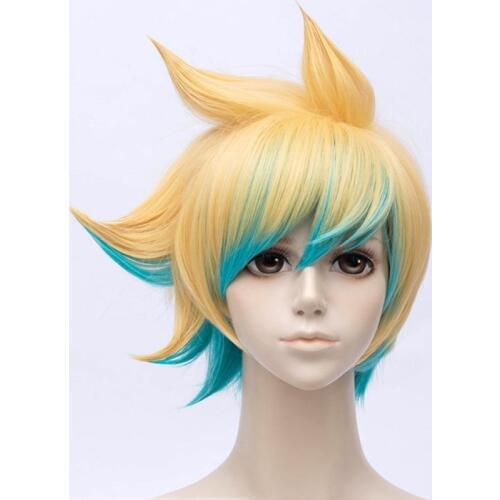 LOL Ezreal Wigs the Prodigal Explorer Mixed Colors Gradient Synthetic Hair Perucas Cosplay Wig + Wig Cap