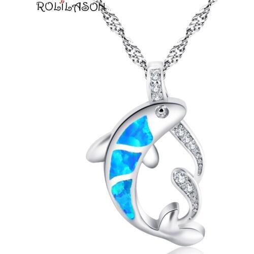ROLILASON fish-shaped silver color stamped blue opal necklace pendant anniversary gift design fashion special design OP830