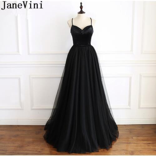 JaneVini Sexy Ladies Black Gala Prom Dresses Beadings Spaghetti Straps Velvet Tulle Bridesmaid Wedding Guest Dress Vestido Dama