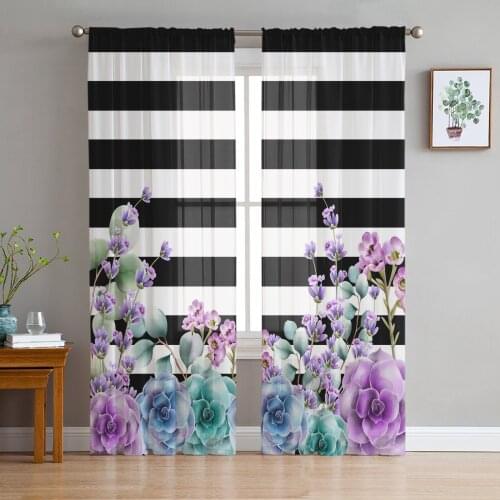 Succulents Stripes Watercolor Sheer Curtains for Living Room Bedroom Kitchen Chiffon Tulle Curtains Home Hotel Coffee Decor