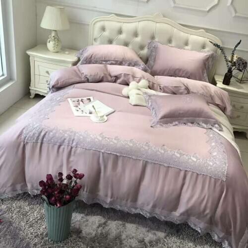 Light purple 100S Tencel Luxury Embroidery Royal Bedding Set King Queen Lace Wedding Bed Sheet Cover set Duvet Cover 4pc