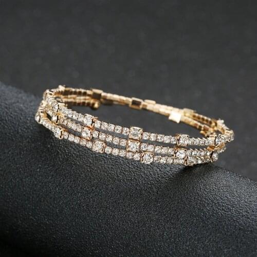 Three Rows Rhinestone Inlaid Bracelet Double Layers Open Cuff Adjustable Stretch Bracelet for Best Friends Sisters LXH
