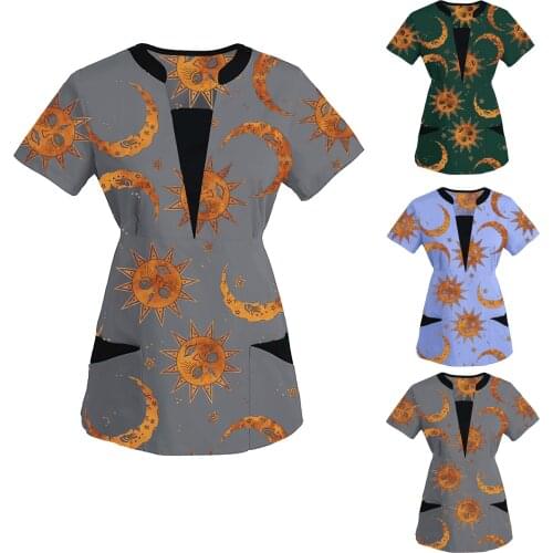 Nurse Uniform Scrubs Women Short Sleeve V-neck Tops Work Uniform Sun Moon Print Patchwork Pocket Blouse медицинская одежда q5