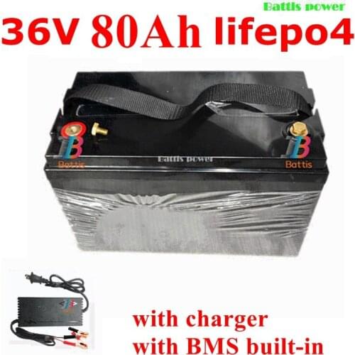 Waterproof 36V 80AH Lifepo4 battery with BMS for 1500W scooter bike Tricycle Solar backup power golf cart +5A charger