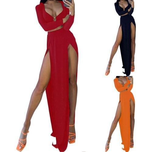 2021 Women Sexy Two-piece Clothes Set, Solid Color Deep V-neck Long Sleeve Crop Tops and Slit Skit