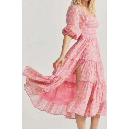 Bohemian Pink/white Floral Printed Long Dresses for Women 2021 Summer Elegant Ruffles Short Sleeve Pleated Maxi Dress Boho