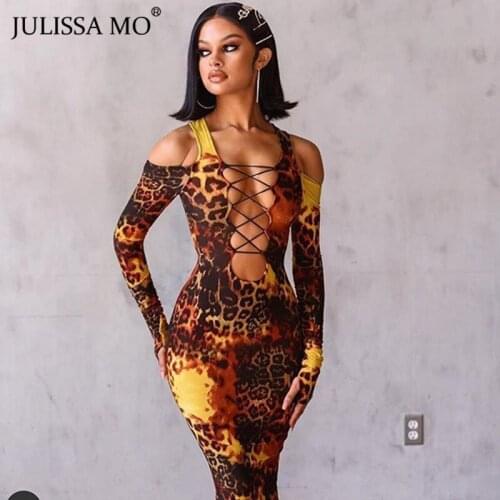 JULISSA MO Sexy Bandage Leopard Print Dress Women Hollow Out Bodycon Long Dress Winter Female Multicolor Night Party Vestidos
