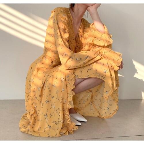 WHCW CGDSR 2020 korean style dress women print autumn winter elegant dresses woman a-line vintage party long sleeve new chiffon