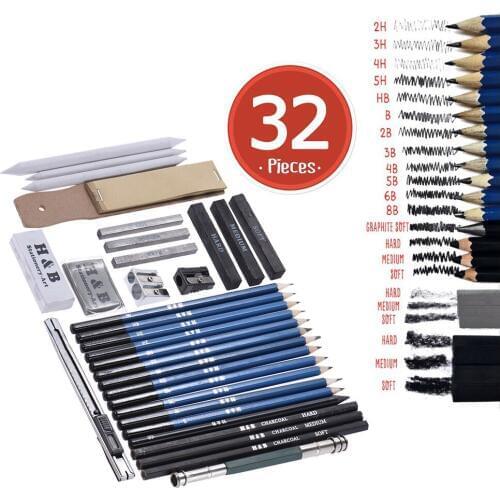 32pcs/Set Professional Drawing Sketch Pencil Kit including Sketch Pencils Graphite & Charcoal Pencils Sticks Erasers Sharpeners