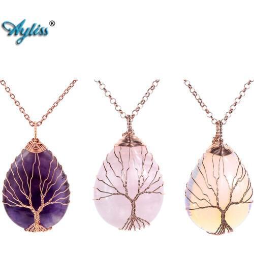 Ayliss Teardrop Pendant Vintage Tree of Life Wire Wrapped Copper Natural Chakra Reiki Stones Pendant Necklace Birthday Gift