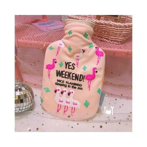 Free shipping water pink flamingos pattern hot water bag cute cartoon printed plush water filling portable mini hot water bag